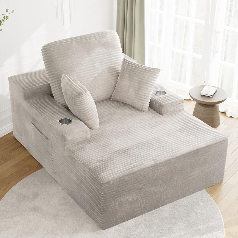 LIKIMIO 49" Oversized Chaise Lounge Sofa Bed with 2 Cup Holders & Storage Pocket - Plush Corduroy Upholstered, No Assembly Cloud Couch for Living Room, Bedroom, or Reading Nook