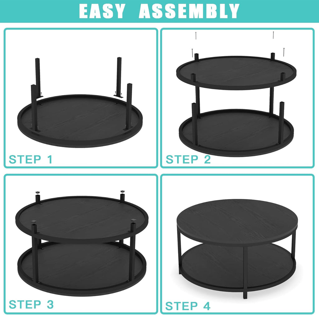 round Coffee Table, 36" Rustic Wooden Surface Top & Sturdy Metal Legs Industrial Sofa Table for Living Room Modern Design Home Furniture with Storage Open Shelf (Black Oak)