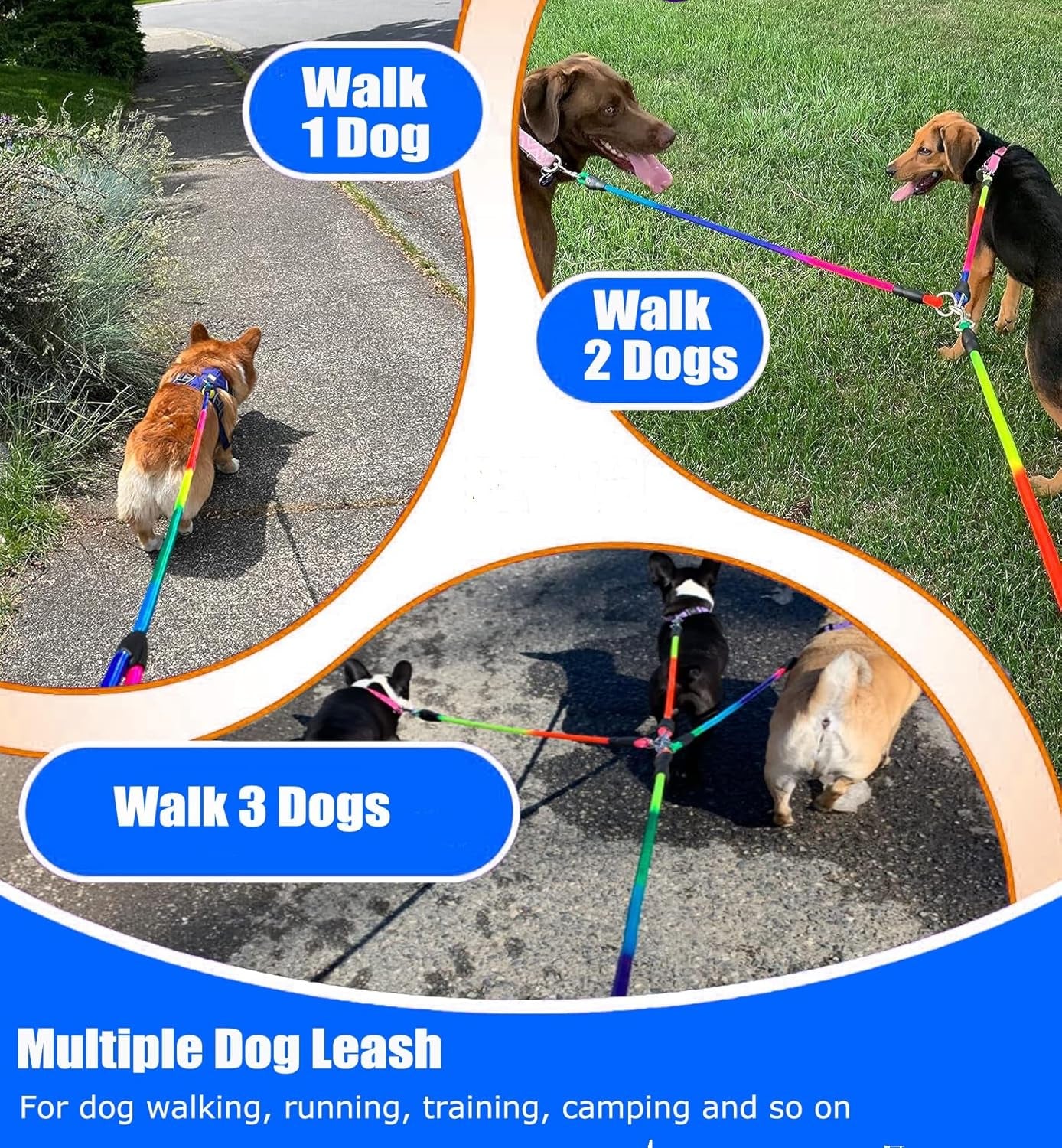 Heavy Duty 3 Dog Leash No Tangle Detachable 360° Swivel Device Multiple Dog Leash with Padded Handle for Two/Three Pets