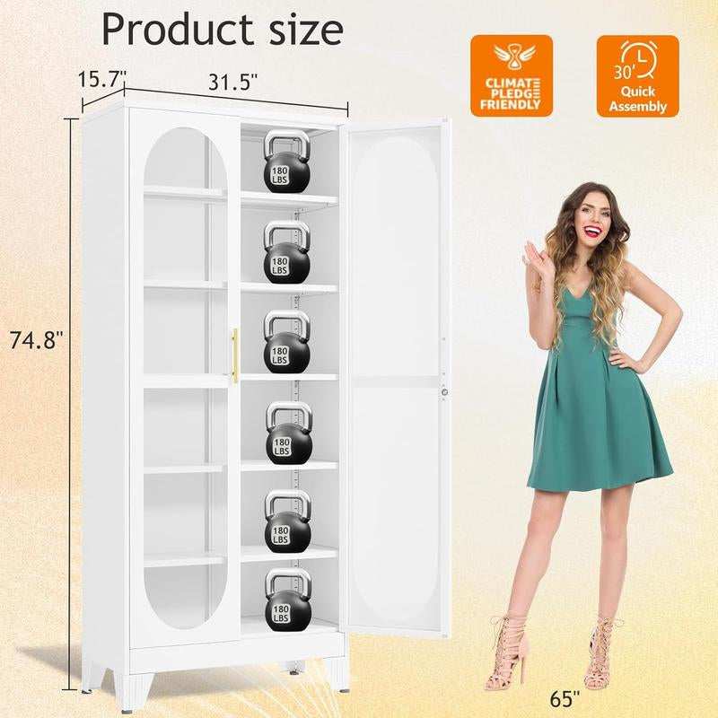 H75"Tall Display Cabinet with Glass Door, 6 Tier Metal Curio Cabinet with 5 Adjustable Shelves, Locking Glass Display Case for Collectibles, Showcase Storage Cabinets for Showroom Clinic