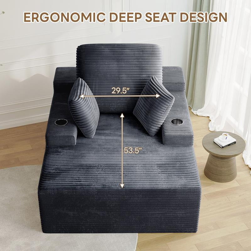 LIKIMIO 49" Oversized Chaise Lounge Sofa Bed with 2 Cup Holders & Storage Pocket - Plush Corduroy Upholstered, No Assembly Cloud Couch for Living Room, Bedroom, or Reading Nook