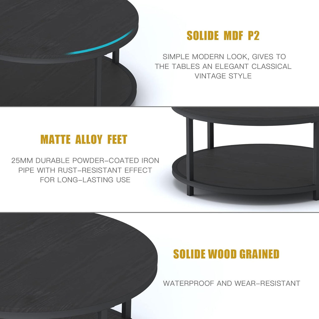 round Coffee Table, 36" Rustic Wooden Surface Top & Sturdy Metal Legs Industrial Sofa Table for Living Room Modern Design Home Furniture with Storage Open Shelf (Black Oak)