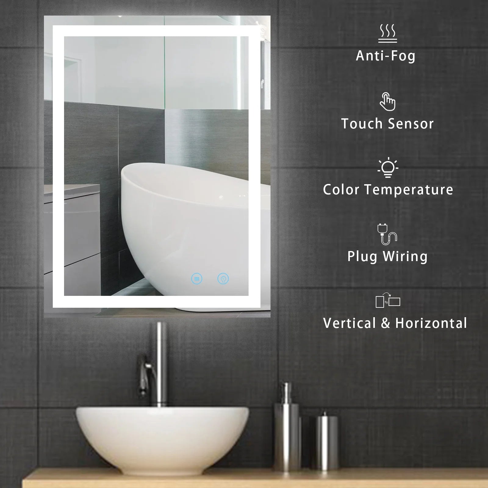 Modern LED Rectangle Bathroom Mirror, 24 X 32 Inch, Waterproof, Vertical & Horizontal