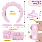 Spa Headband for Washing Face, Cute Skincare Headband and Wristband with Hair Clips Set for Women Girl, Soft-Puffy Velvet Makeup Headbands (Pink)