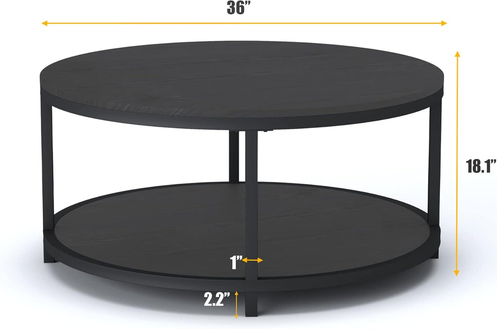 round Coffee Table, 36" Rustic Wooden Surface Top & Sturdy Metal Legs Industrial Sofa Table for Living Room Modern Design Home Furniture with Storage Open Shelf (Black Oak)