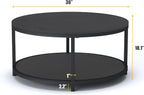 round Coffee Table, 36" Rustic Wooden Surface Top & Sturdy Metal Legs Industrial Sofa Table for Living Room Modern Design Home Furniture with Storage Open Shelf (Black Oak)