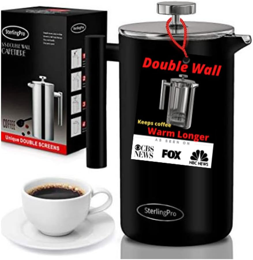 French Press Coffee Maker (1.5L)-Double Walled Large Coffee Press with 2 Extra Filters-Enjoy Granule-Free Coffee, Stylish Rust Free Kitchen Accessory-Stainless Steel (Black)