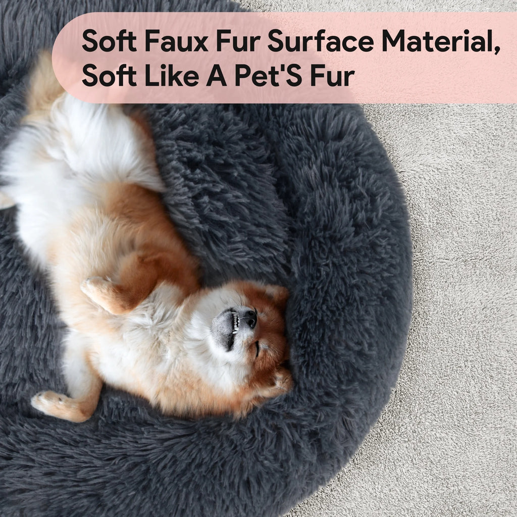 24" Calming Dog Bed for Medium Small Dogs, Donut Plush Pet Bed, Anti-Anxiety Cuddler Cozy Soft Cat Bed