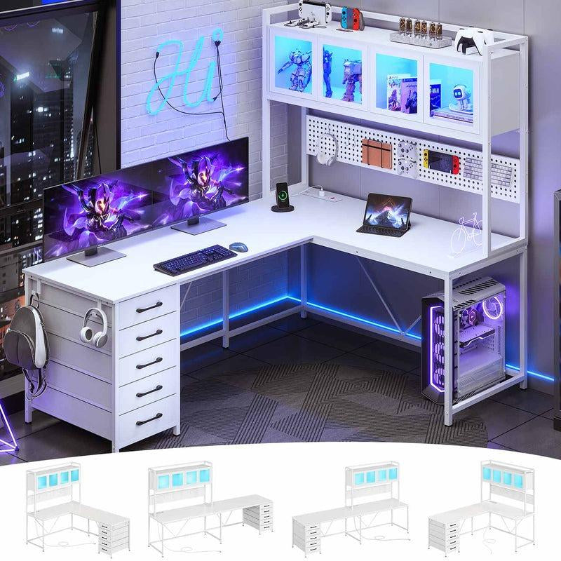 Sikaic 62 Inches LED Reversible L Shaped Gaming Desk with Power Outlet Storage Drawers Hutch and Pegboard Furniture Computer Chair Dual Monitor Stand