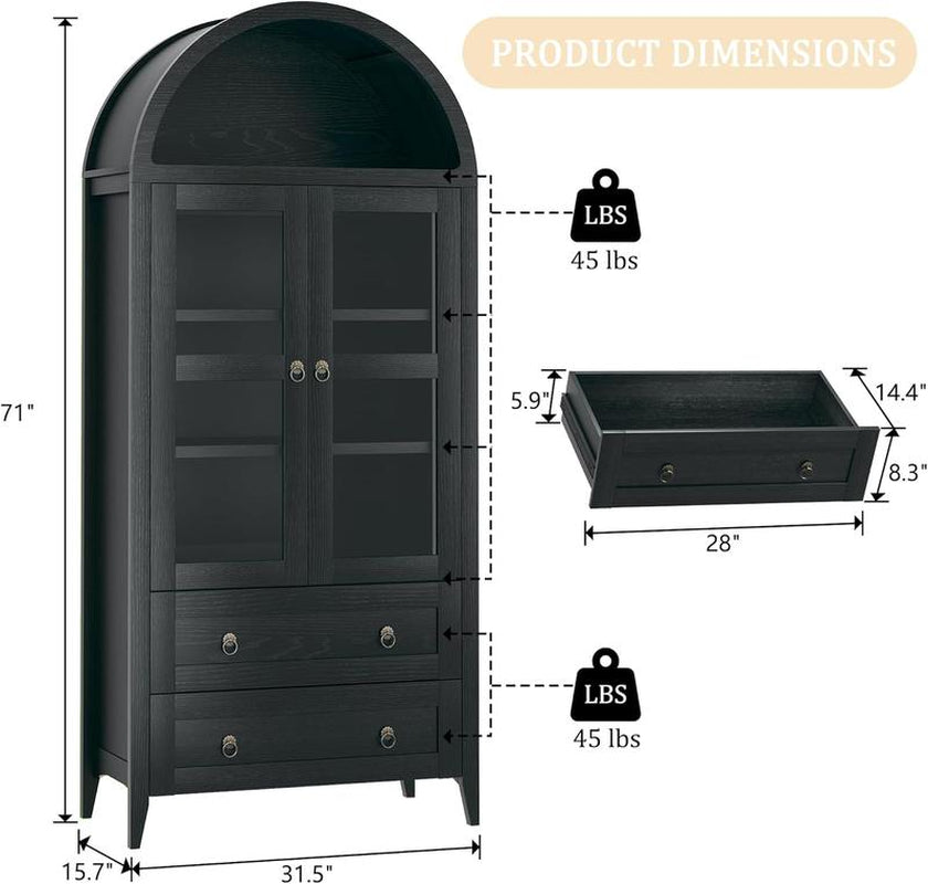 Farmhouse Arched Cabinet with Glass Doors, Wood Display Cabinet with Drawer and Adjustable Shelves, 71” Tall Bookshelf Modern China Storage Kitchen Pantry for Living Room,Office
