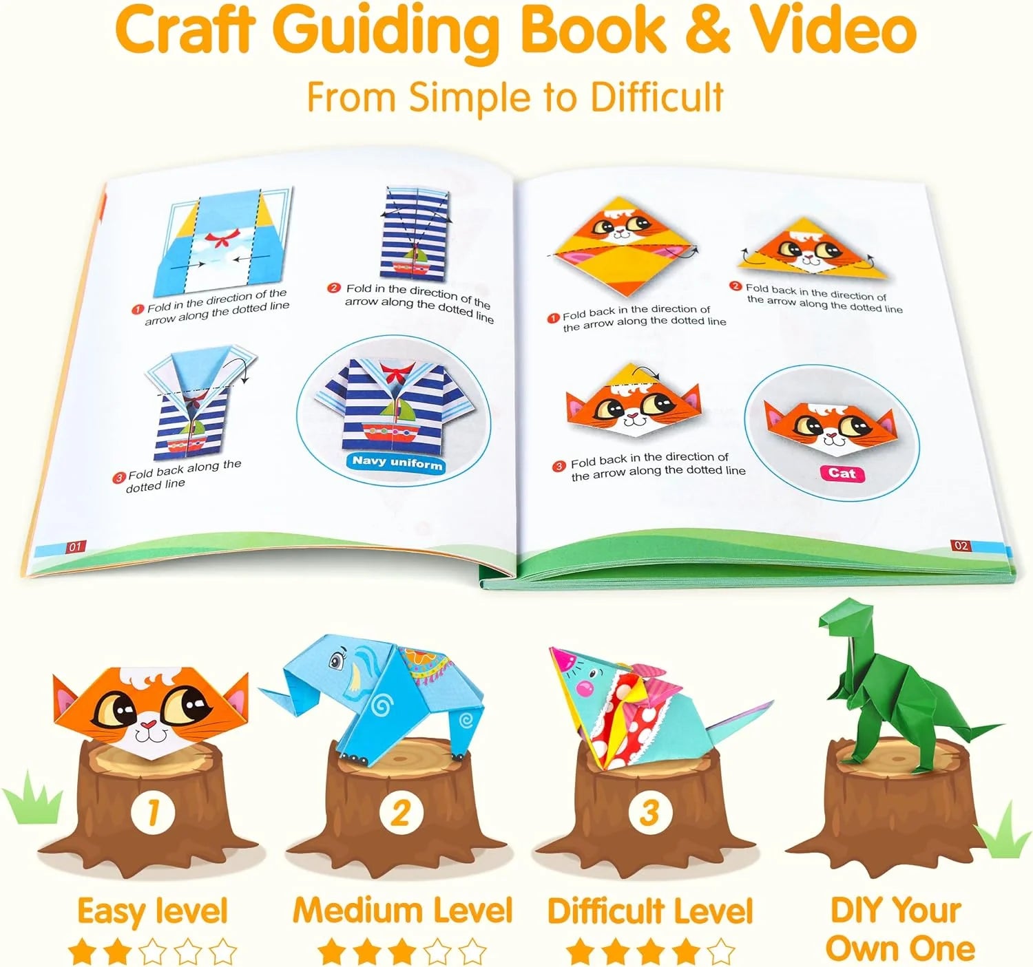 Origami Paper 224 Sheets Origami Kit for Kids Ages 8-12, Square Craft Paper Color Folding Paper Set with Guiding Book for Easy DIY Art and Craft Projects Best Craft Gifts for Kids