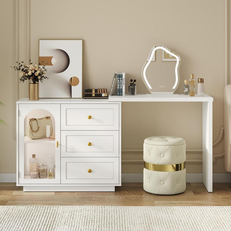 Royalcraft Makeup Vanity Desk, Large Extendable Corner Vanity Makeup Table with 3 Drawers, Modern Dressing Table for Bedroom, White Makeup Vanity without Mirror
