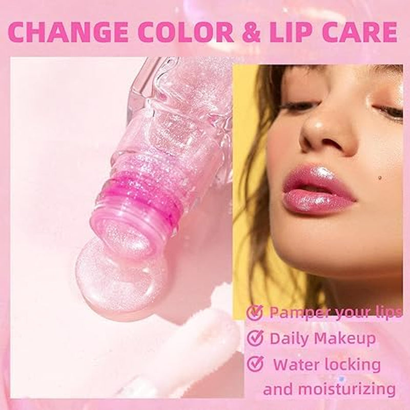 Hydrating Shimmer Lip Glow Oil, Color Changing Tint,Glossy Transparent Plumping Lip Gloss, Moisturizing Lip Oil, Tinted Lip Oil for Lip Care and Dry Lips, Pink