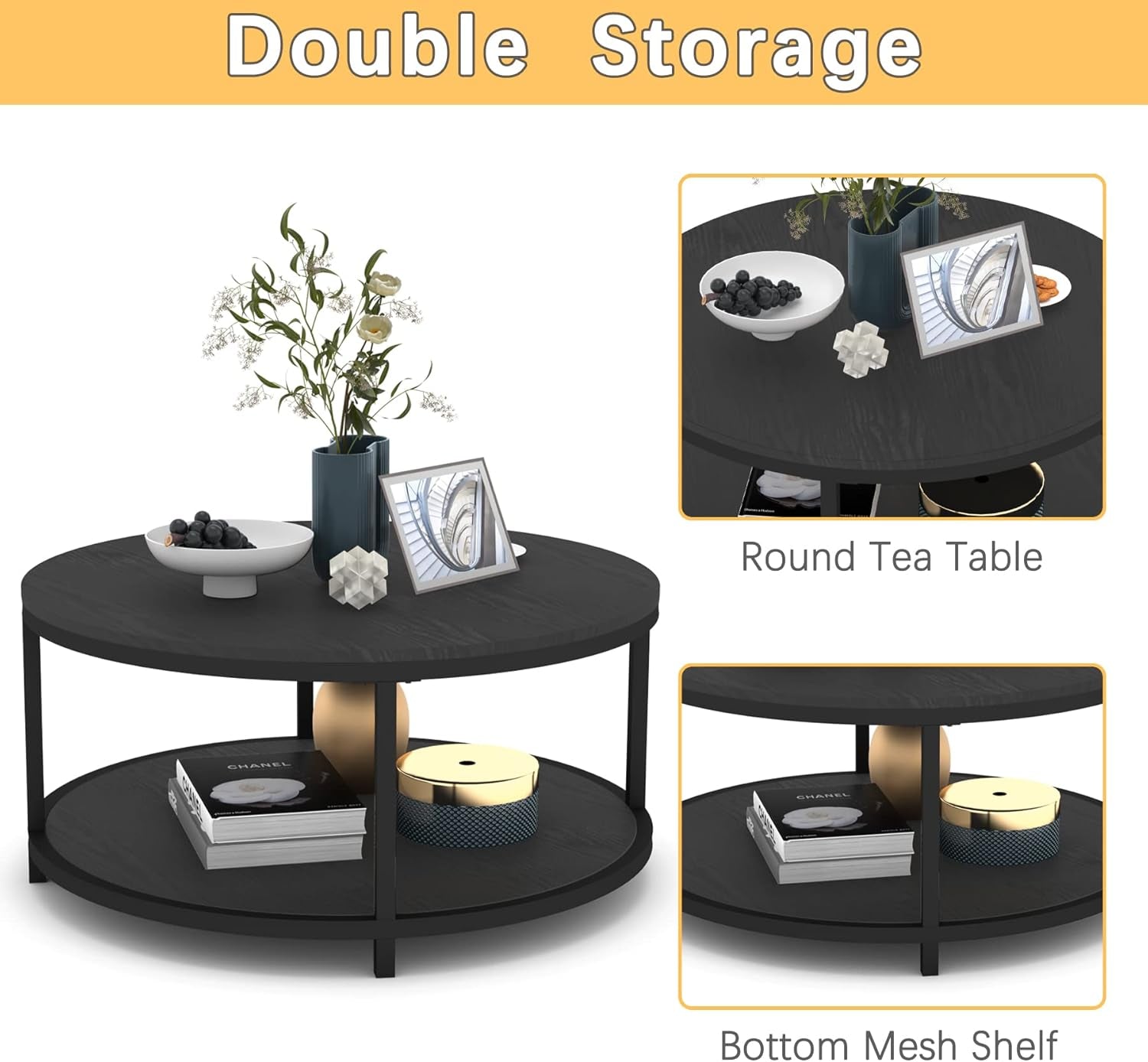 round Coffee Table, 36" Rustic Wooden Surface Top & Sturdy Metal Legs Industrial Sofa Table for Living Room Modern Design Home Furniture with Storage Open Shelf (Black Oak)