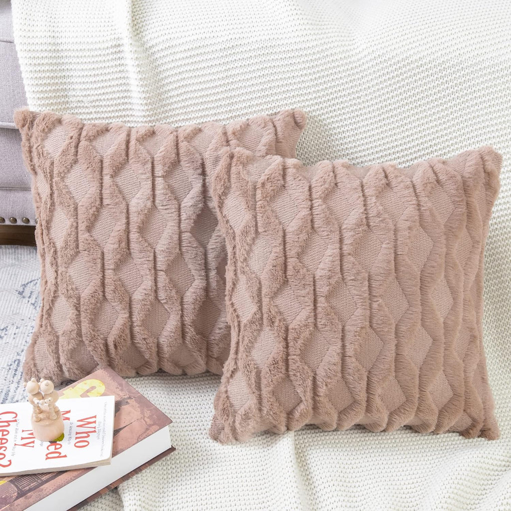 Set of 2 Soft Polyester Short Wool Velvet Decorative Throw Pillow Covers 26X26 Inch Light Brown Square Luxury Style Cushion Cases European Pillow Shell for Sofa Bedroom