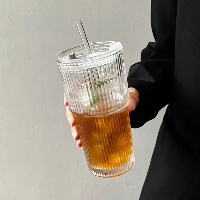 Striped Glass Tumbler with Lid & Straw ✨