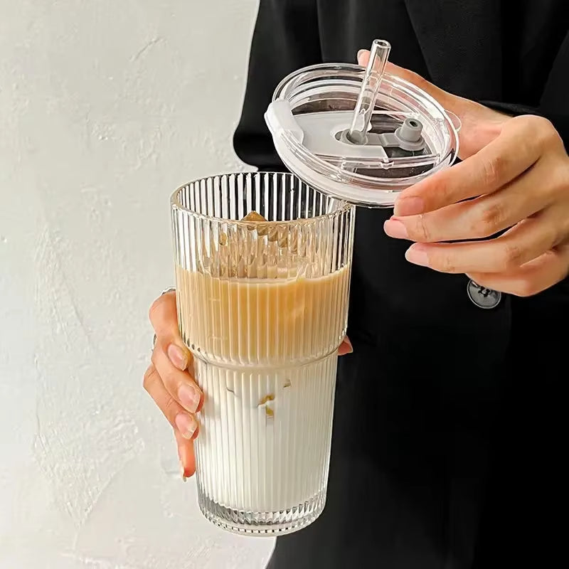 Striped Glass Tumbler with Lid & Straw ✨