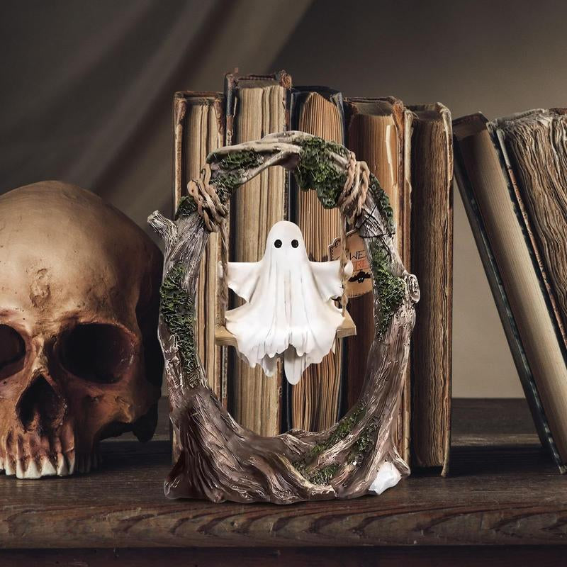 Ghost on a Tree Swing - Swinging Shadows 2025 New Cute Spooky Figurine for Halloween Indoor Outdoor Decorative Sculptures Gift Ornaments 11"D X 3.9"W X 7.8"H
